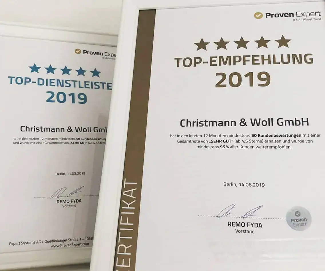 ProvenExpert Auszeichnungen Top-Dienstleister und Top-Empfehlung 2019 für Christmann & Woll GmbH