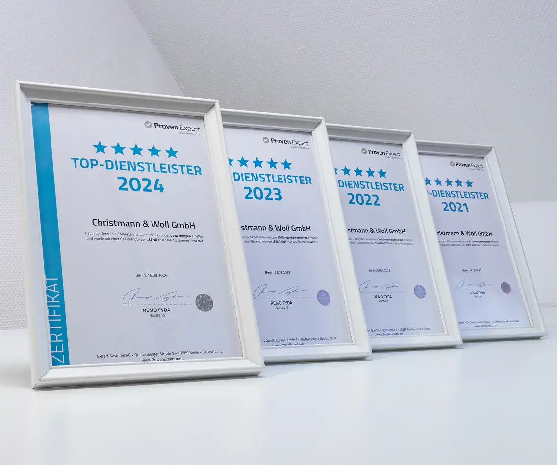 ProvenExpert Top-Dienstleister Zertifikate 2021 bis 2024 – Christmann & Woll GmbH / cw.marketing