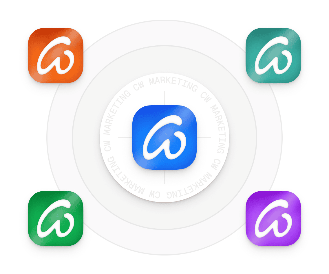 Neue Markenidentität cw.marketing – Logo-Icons der Leistungsbereiche Performance, Digital, Lokal und Creative