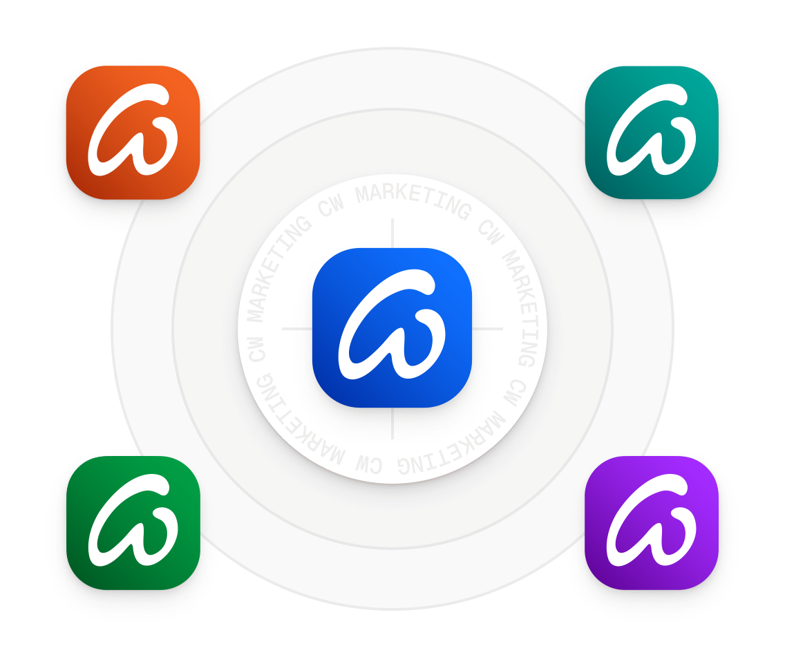 Neue Markenidentität cw.marketing – Logo-Icons der Leistungsbereiche Performance, Digital, Lokal und Creative