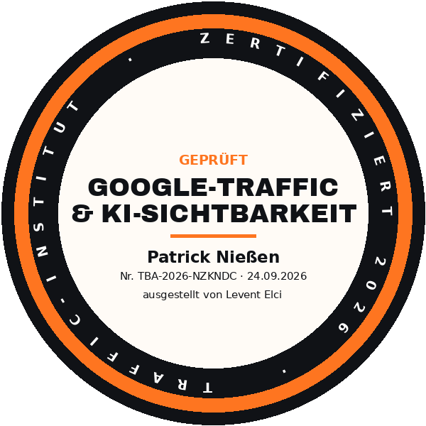 Zertifizierung für Patrick Nießen vom Traffic Institut für Google-Traffic und KI-Sichtbarkeit - cw.marketing