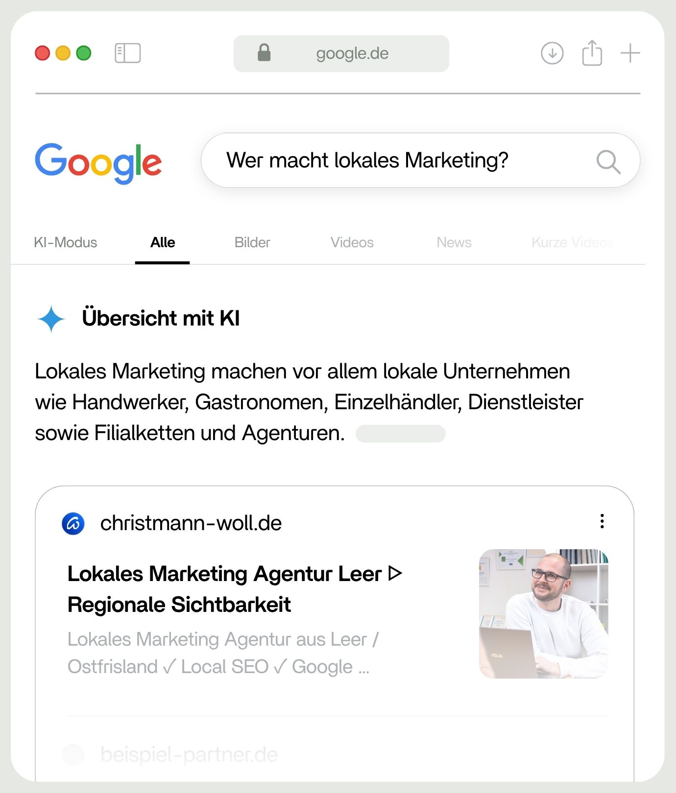 Google-Suche "Wer macht lokales Marketing?" mit KI-Übersicht, die christmann-woll.de als Quelle nennt