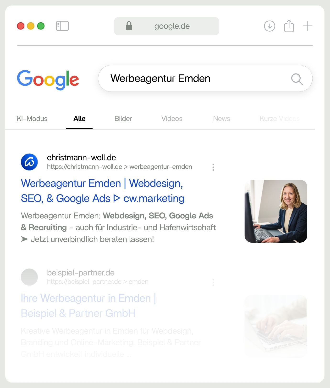 Organisches Google-Suchergebnis für "Werbeagentur Emden" mit christmann-woll.de auf Position 1