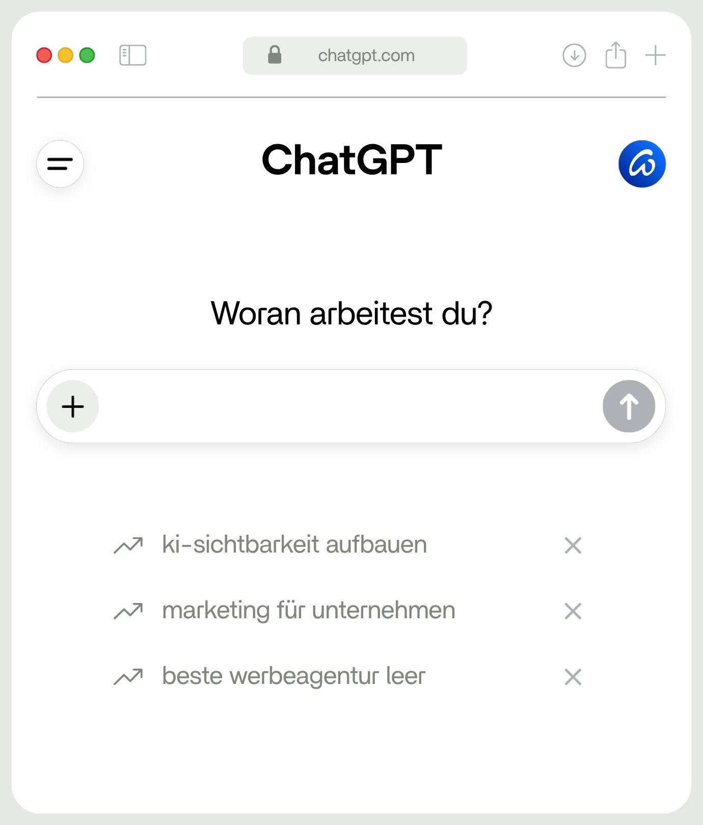 ChatGPT-Startbildschirm mit Beispielanfragen wie "KI-Sichtbarkeit aufbauen" und "beste Werbeagentur Leer"