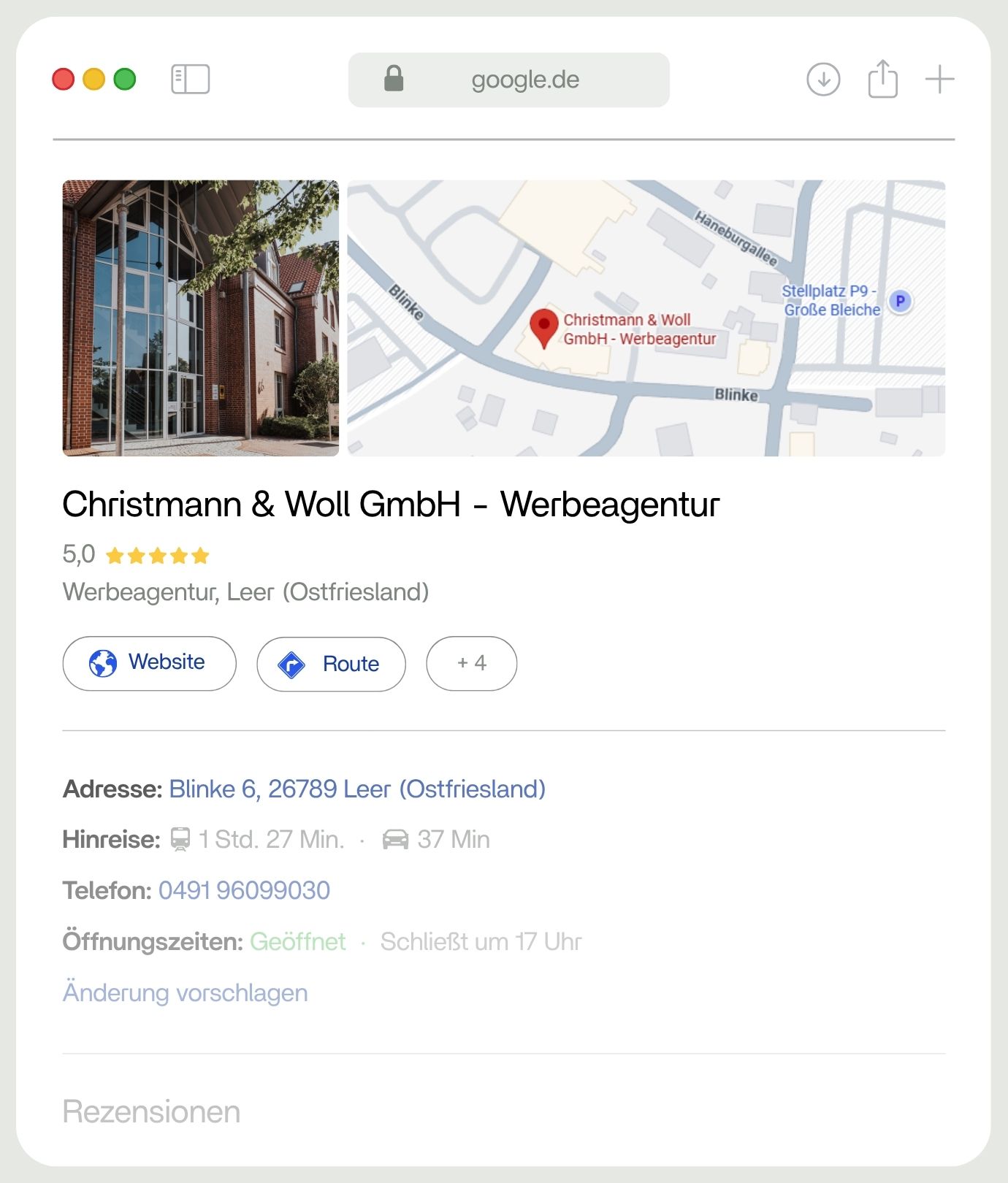 Google-Unternehmensprofil von Christmann & Woll GmbH mit 5,0 Sterne Bewertung